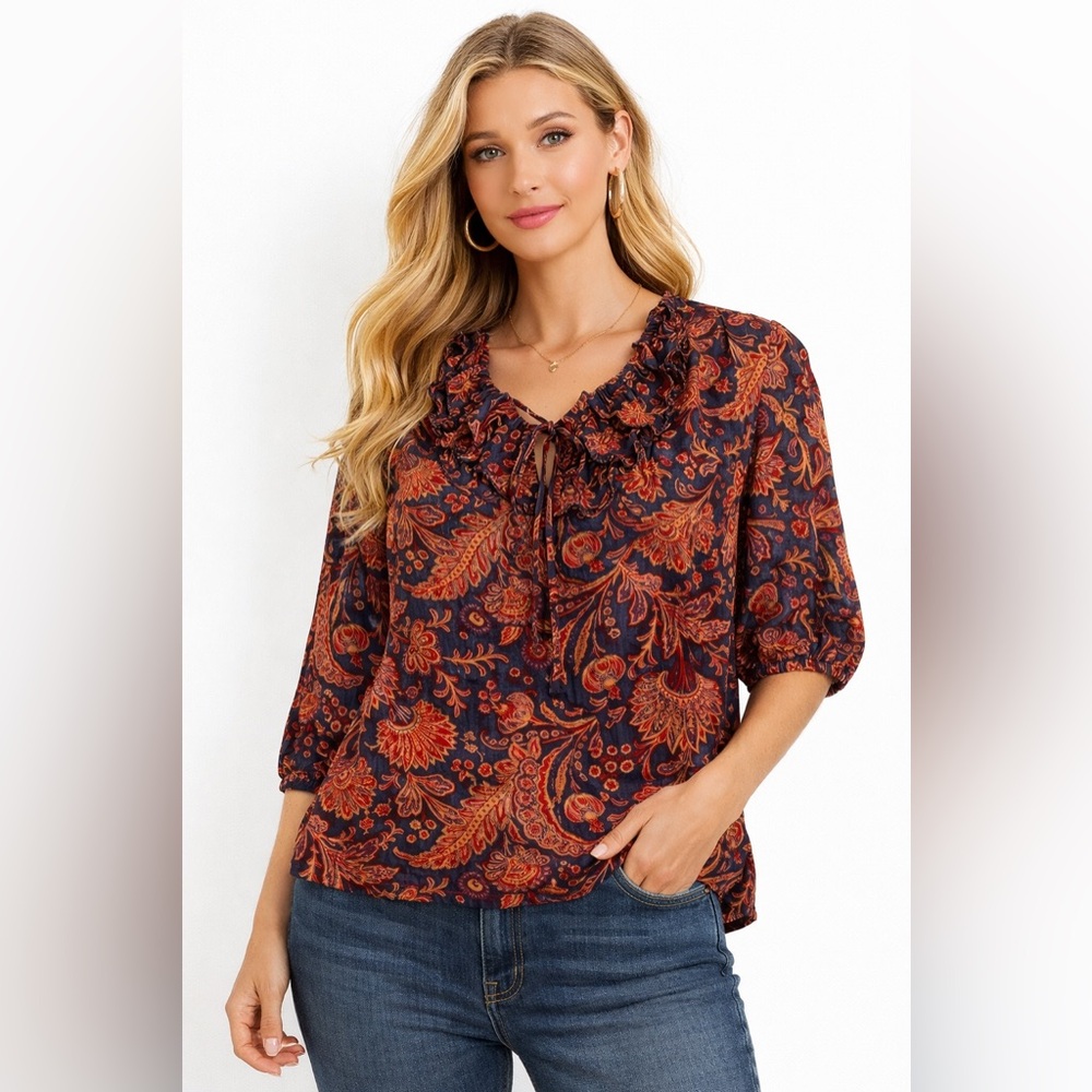 Ralph Lauren Size 3X Floral Patterned Women's Ruffle VNeck Paisley Top